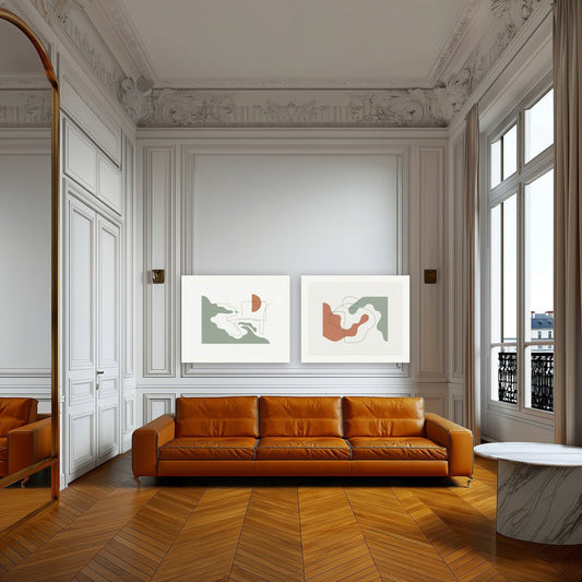 Coastal Silhouette Set of 2 — Large 50×40 cm print (pair) shown in a Parisian living room above a tan leather sofa