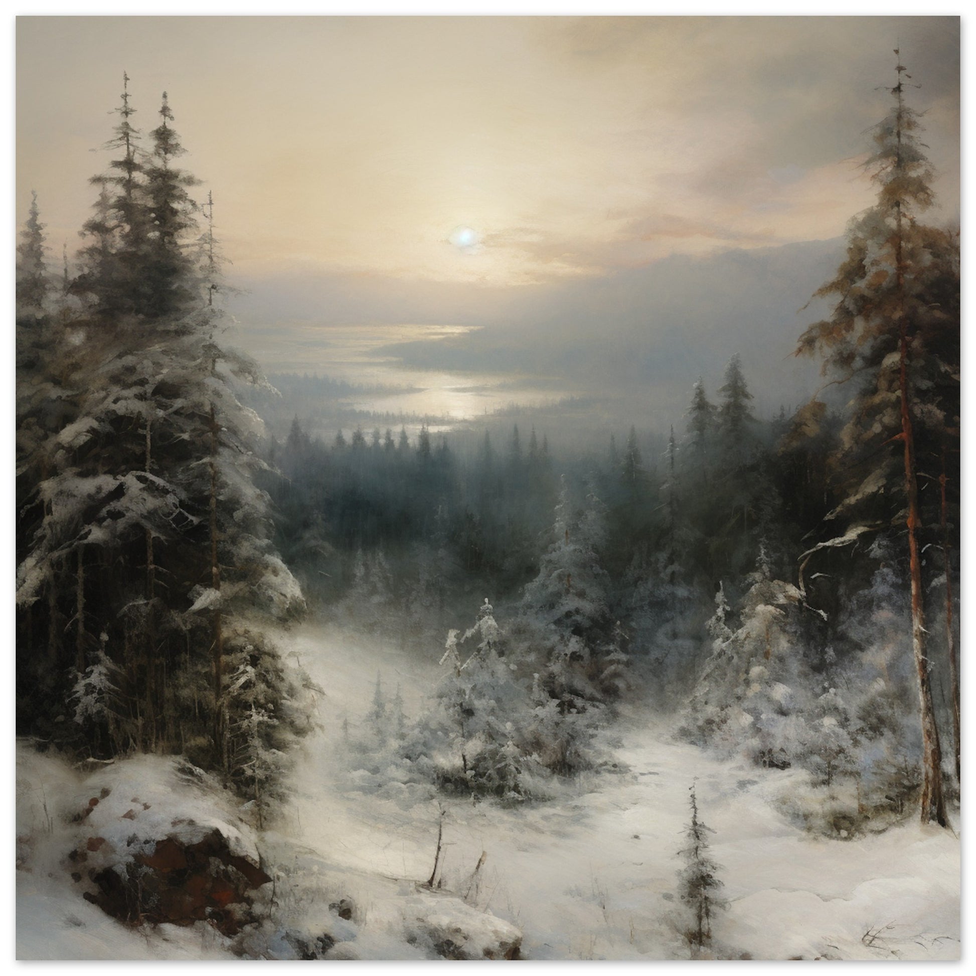 Winter's Hush - Dawn's Luminous Caress - Landscape Art-print-on-foam-board