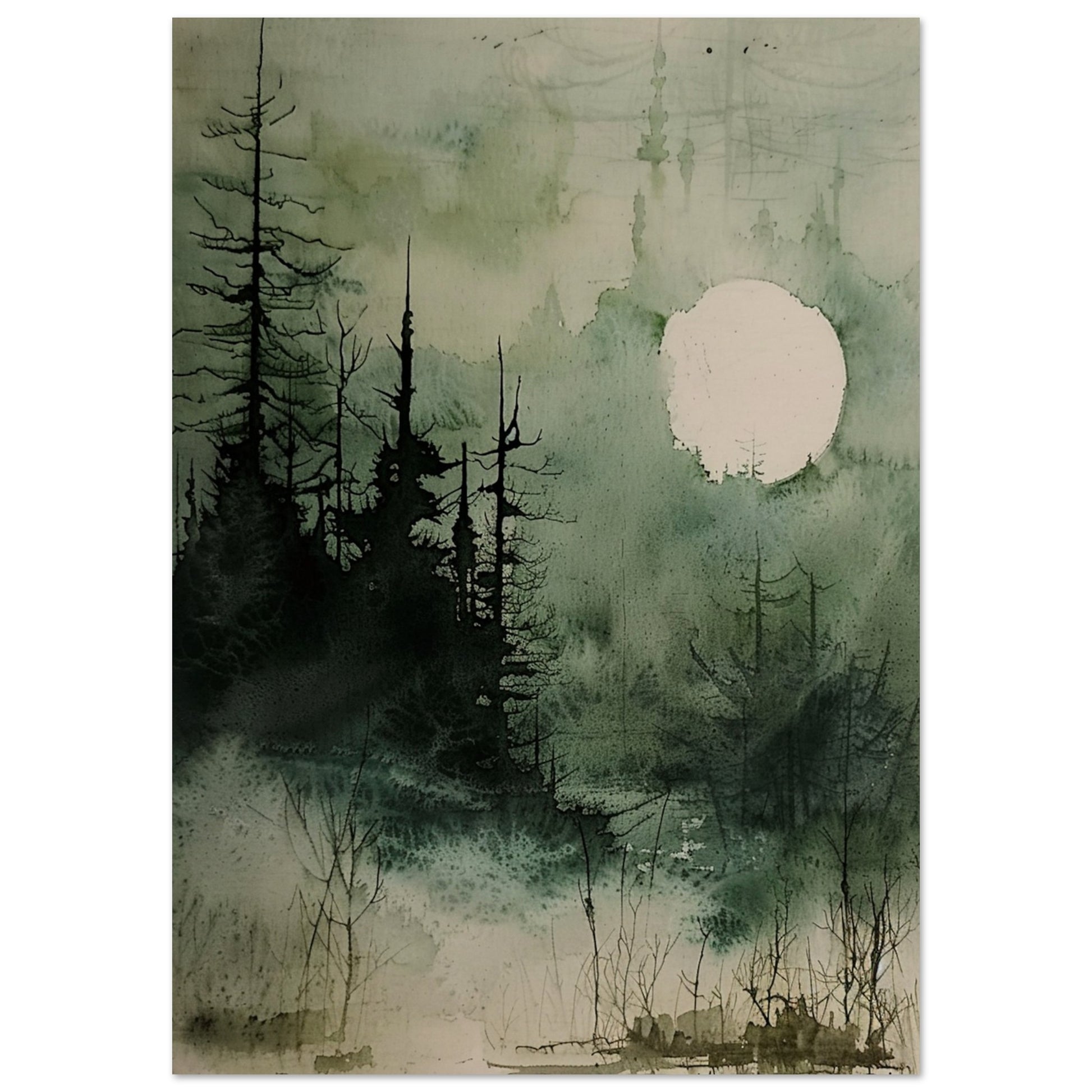 Moonlit Serenity - A Tranquil Watercolor Landscape Art-poster