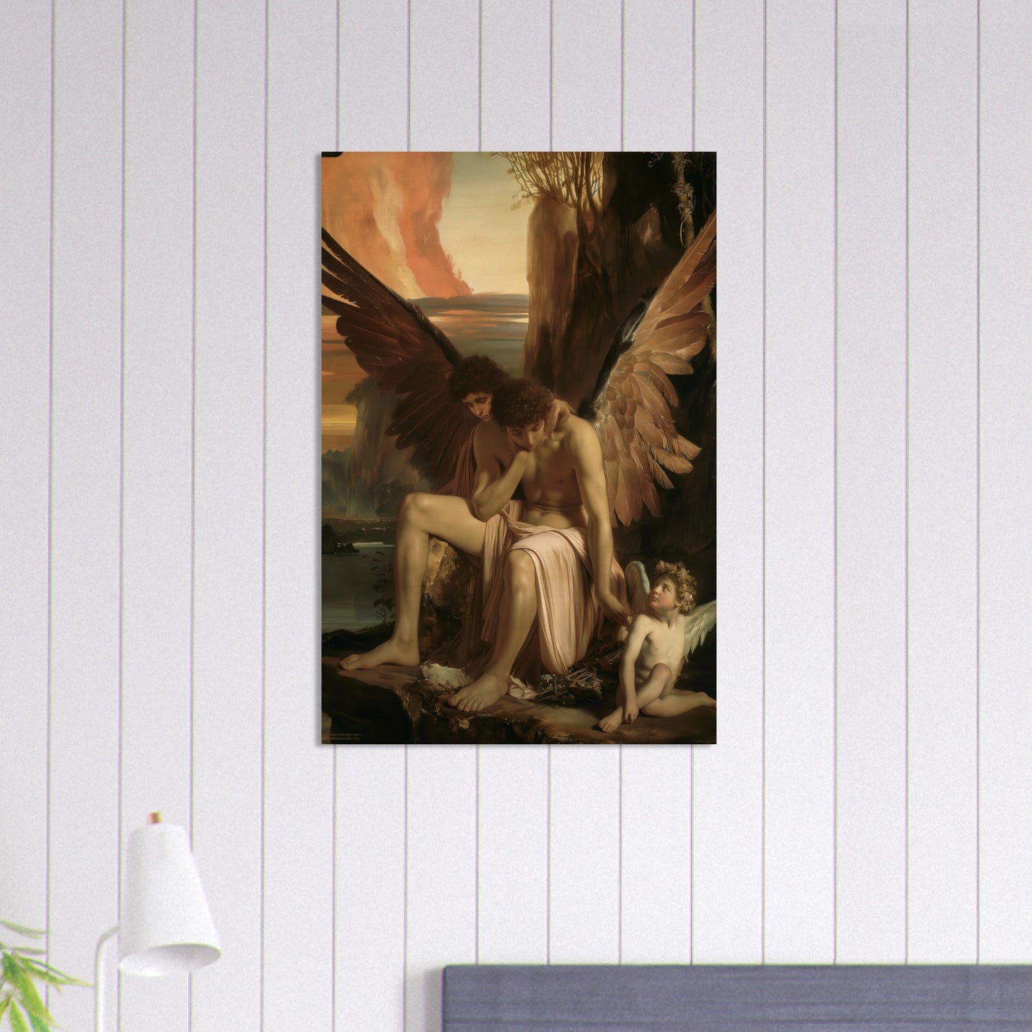 Celestial Aegis - Guardians at Dusk - Classic Art-print-on-wood