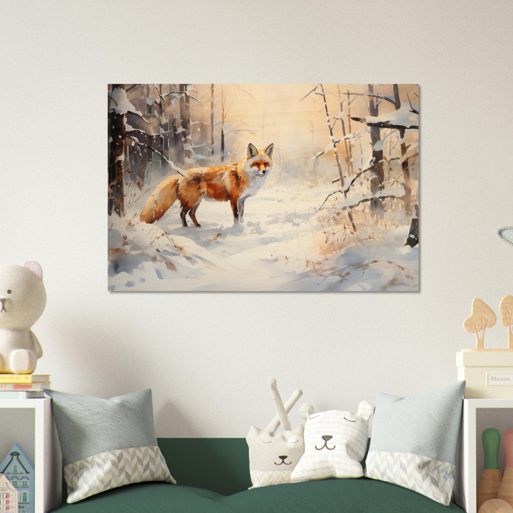 Crimson Sentry - Winter’s Vibrant Whisper - Nature Art-print-on-wood