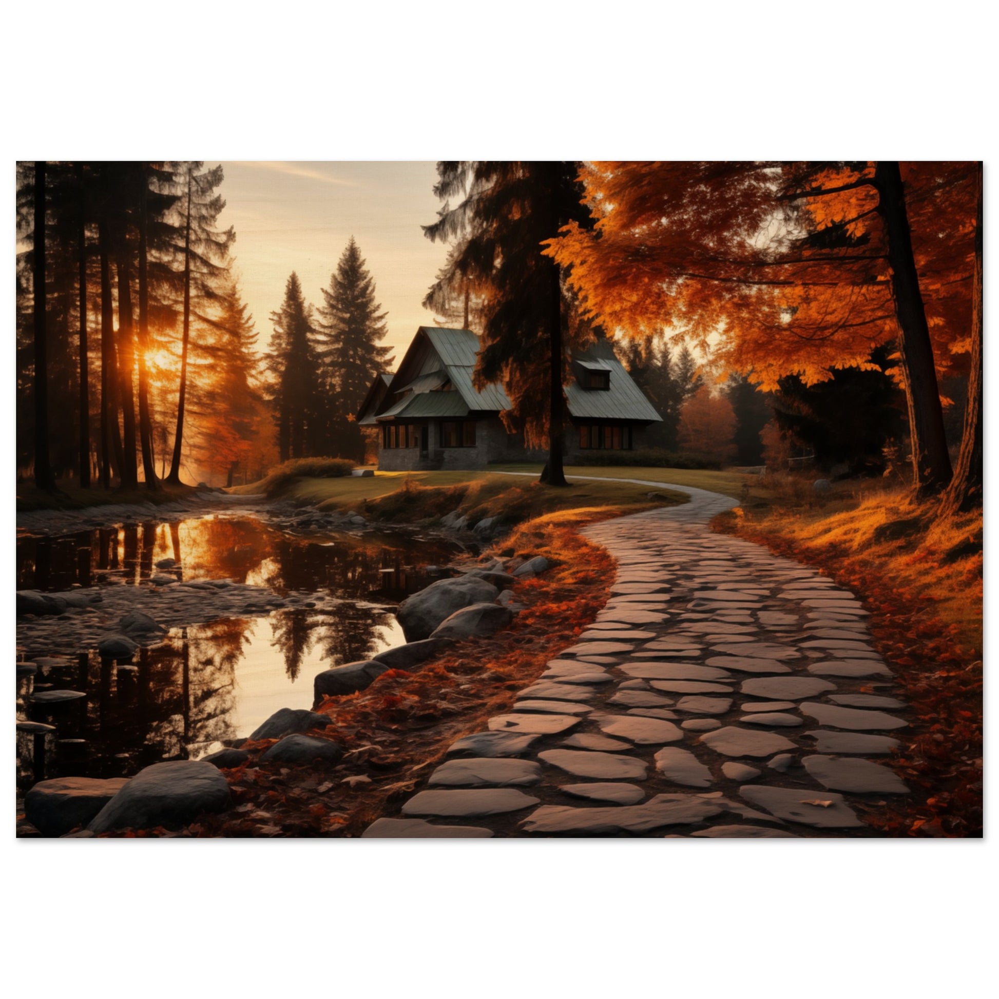 Cobbled Path to Serenity - Autumn’s Glow - Landscape Art-print-on-wood