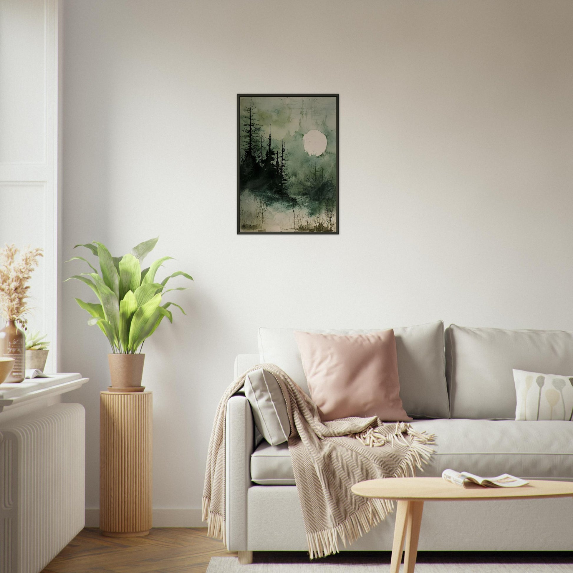 Moonlit Serenity - A Tranquil Watercolor Landscape Art-print-in-aluminum-frame