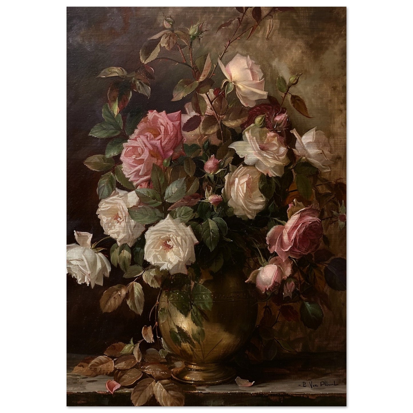 Opulent Blooms - Classical Rose Still Life - Still life art pieces-print-on-aluminum