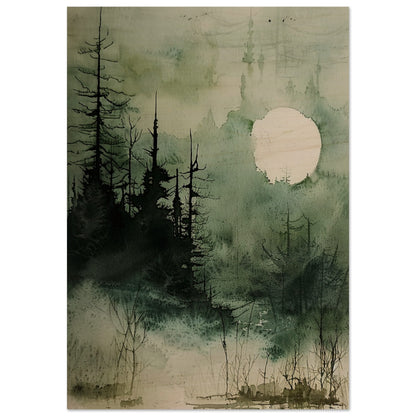 Moonlit Serenity - A Tranquil Watercolor Landscape Art-print-on-wood