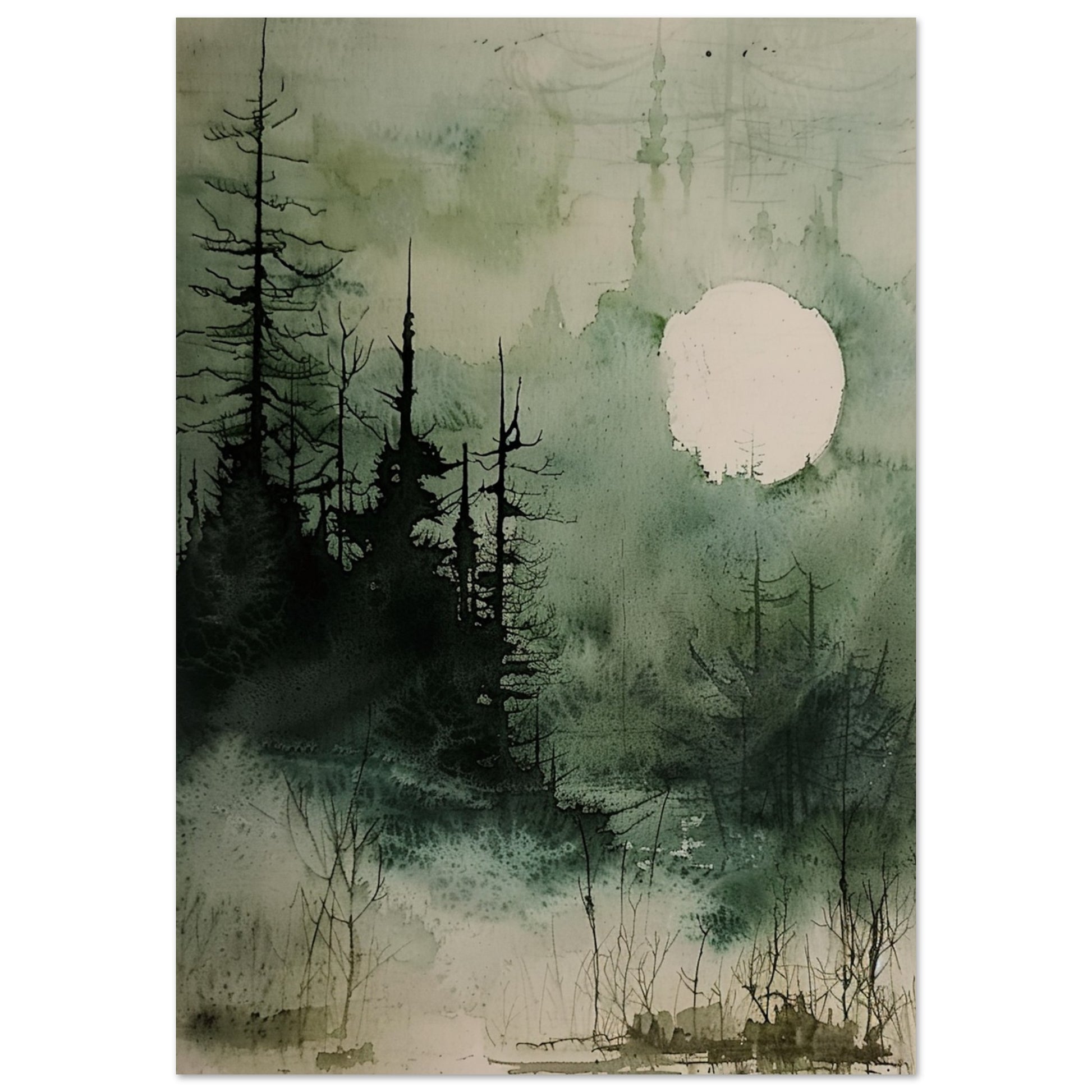 Moonlit Serenity - A Tranquil Watercolor Landscape Art-print-on-foam-board