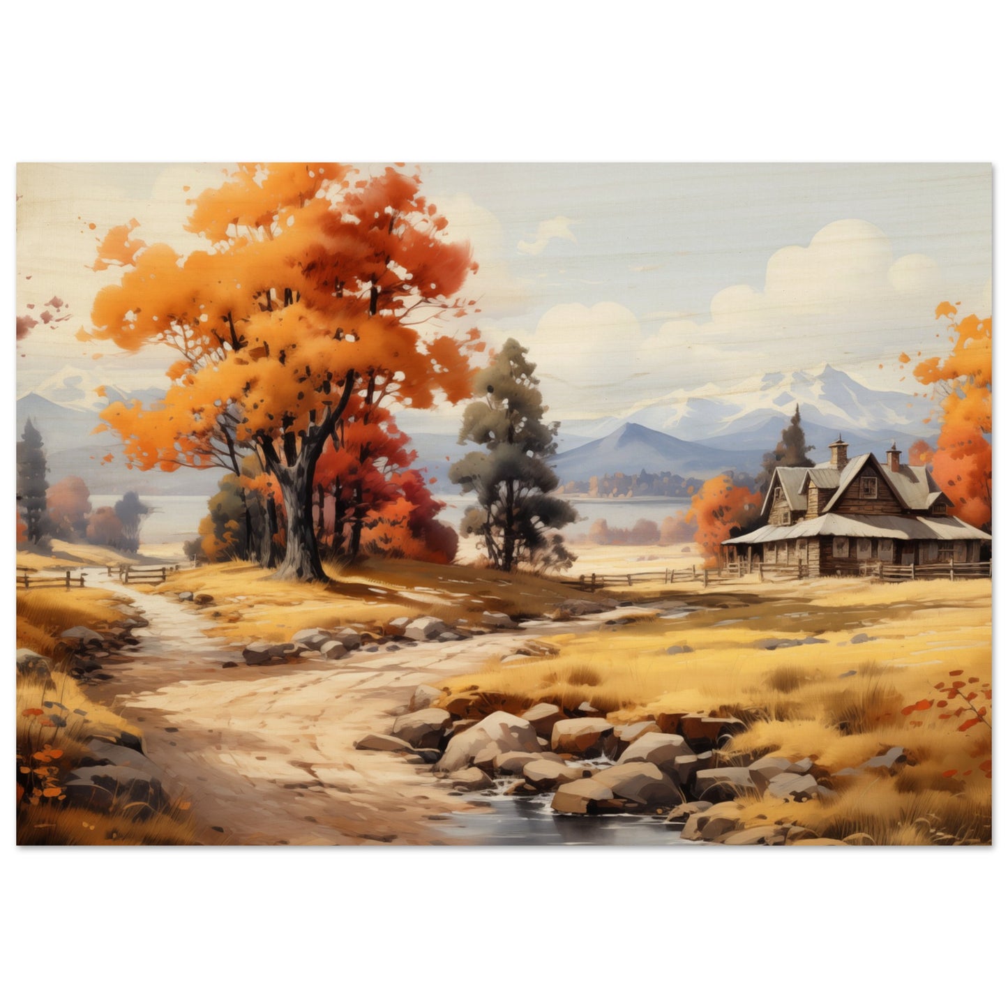 Autumn's Homestead - The Warmth of Seasons - Landscape Art-print-on-wood