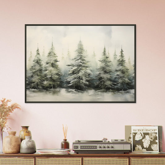 Misty Pines - Dawn's Serene Symphony - Landscape Art-print-in-aluminum-frame