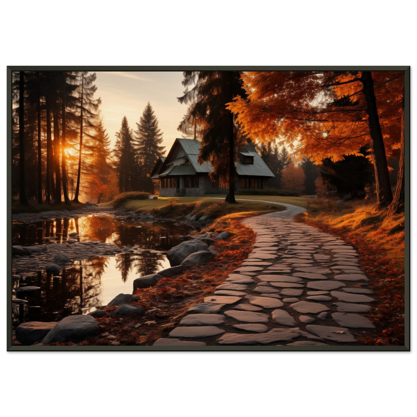 Cobbled Path to Serenity - Autumn’s Glow - Landscape Art-print-in-aluminum-frame