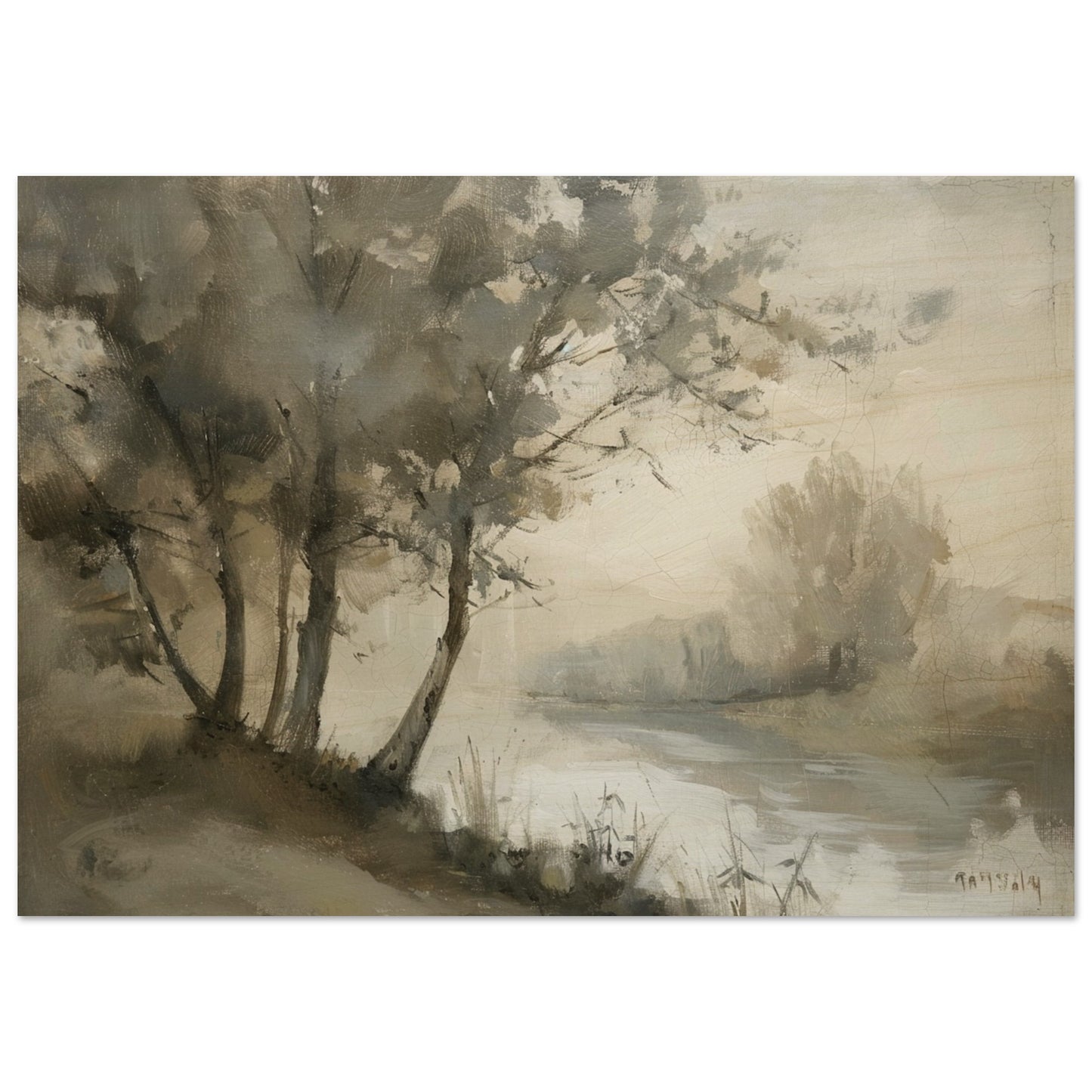 Misty River Reverie - Pastoral Landscape Art-print-on-wood