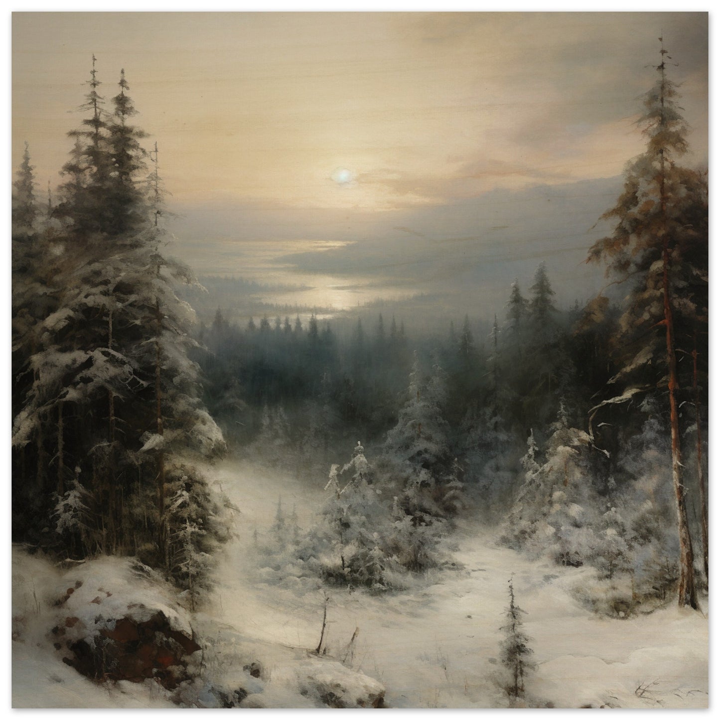 Winter's Hush - Dawn's Luminous Caress - Landscape Art-print-on-wood