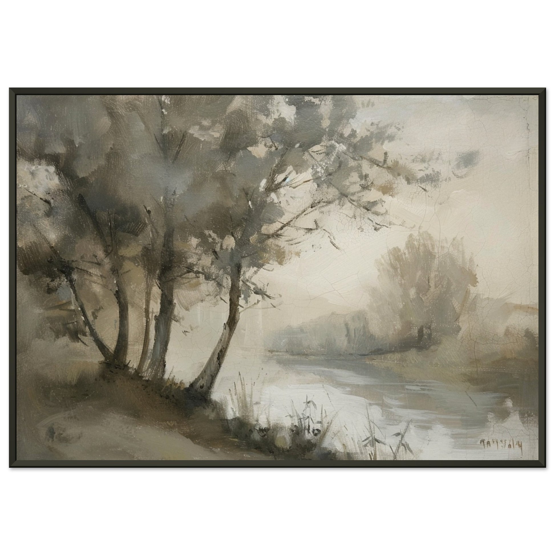 Misty River Reverie - Pastoral Landscape Art-print-in-aluminum-frame