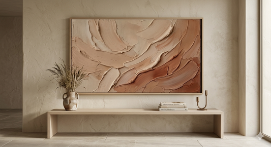 Alabaster Rhythm No. 1: Large-scale minimalist textured art print featuring hand-troweled plaster effects in sun-bleached alabaster and burnt sienna tones, displayed in a premium natural oak frame.
