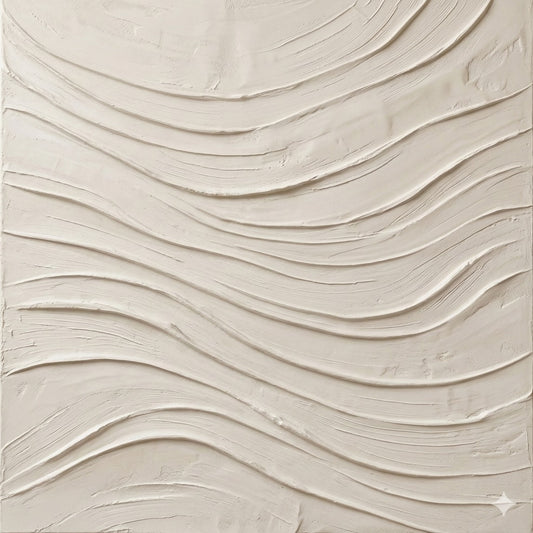 Alabaster Rhythm No. 2: Large-scale monochromatic white textured art print featuring organic wave patterns of hand-troweled lime plaster on a sun-bleached alabaster background, displayed in a natural oak frame.