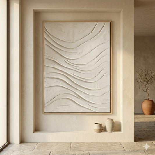Alabaster Rhythm No. 2: Large-scale monochromatic white textured art print featuring organic wave patterns of hand-troweled lime plaster on a sun-bleached alabaster background, displayed in a natural oak frame.