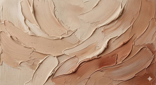 Alabaster Rhythm No. 1: Large-scale minimalist textured art print featuring hand-troweled plaster effects in sun-bleached alabaster and burnt sienna tones, displayed in a premium natural oak frame.