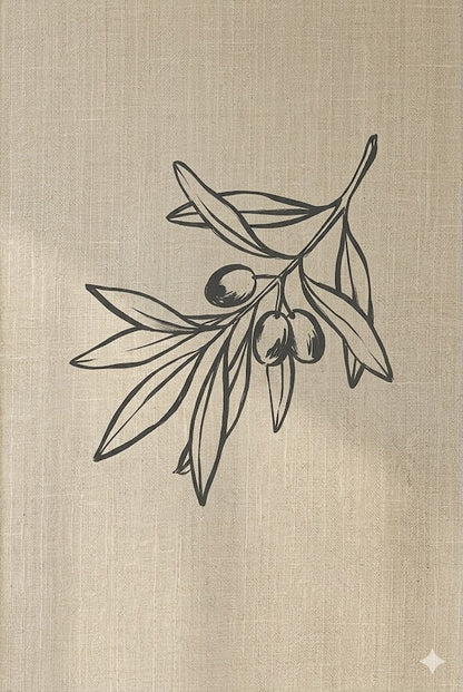 Botanical Ink No. 1: A minimalist charcoal olive branch illustration on a warm linen-textured background, printed as a large-scale limited edition fine art piece in a natural oak frame.