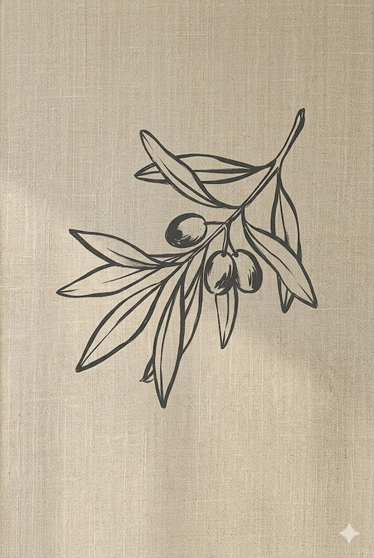 Botanical Ink No. 1: A minimalist charcoal olive branch illustration on a warm linen-textured background, printed as a large-scale limited edition fine art piece in a natural oak frame.
