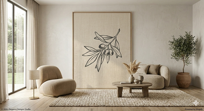 Botanical Ink No. 1: A minimalist charcoal olive branch illustration on a warm linen-textured background, printed as a large-scale limited edition fine art piece in a natural oak frame.