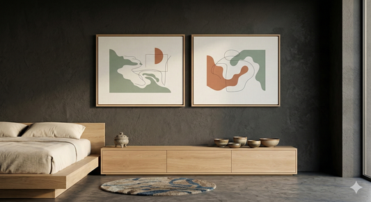 Diptych set of two minimalist coastal abstract prints in oak frames on a beige textured wall.
