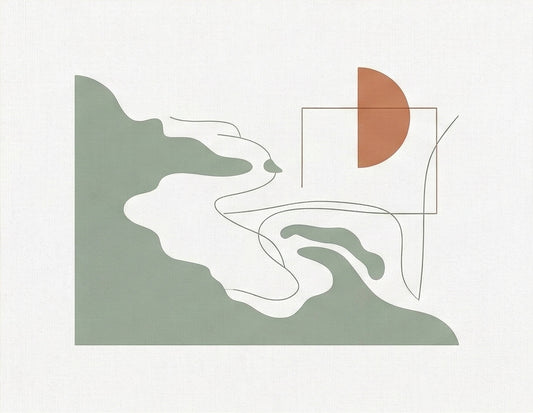 Coastal Silhouette No. 1: A minimalist abstract coastal landscape print featuring fluid organic shapes in sage green and sun-baked terracotta, printed on 308gsm fine art paper in a natural oak frame.