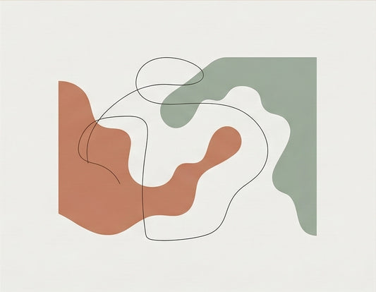 Coastal Silhouette No. 2: A minimalist abstract coastal landscape print in sage green and sun-baked terracotta, featuring fluid organic lines and a geometric sun, printed on 308gsm fine art paper in a natural oak frame.