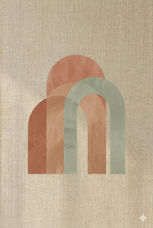 Earth Arch No. 1: A minimalist fine art diptych featuring abstract geometric arches in muted terracotta and sun-baked sage green. The artwork is printed on museum-grade 308gsm Hahnemühle cotton paper, showcased in a premium natural oak frame against a warm, hand-plastered Mediterranean wall with soft, dappled shadows.