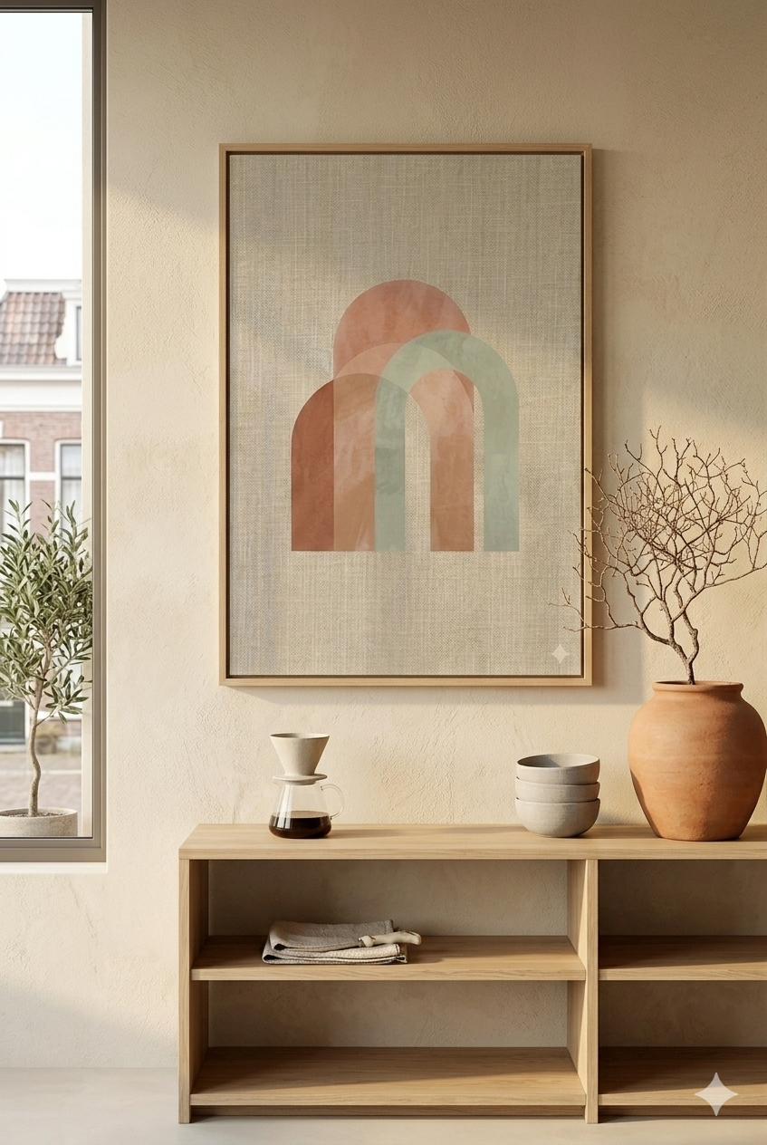 Earth Arch No. 1: A minimalist fine art diptych featuring abstract geometric arches in muted terracotta and sun-baked sage green. The artwork is printed on museum-grade 308gsm Hahnemühle cotton paper, showcased in a premium natural oak frame against a warm, hand-plastered Mediterranean wall with soft, dappled shadows.