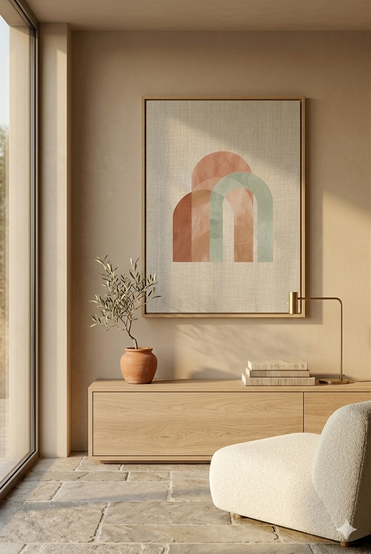 Earth Arch No. 1: A minimalist fine art diptych featuring abstract geometric arches in muted terracotta and sun-baked sage green. The artwork is printed on museum-grade 308gsm Hahnemühle cotton paper, showcased in a premium natural oak frame against a warm, hand-plastered Mediterranean wall with soft, dappled shadows.
