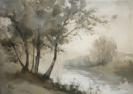 Misty River Reverie - Pastoral Landscape Art-print-art