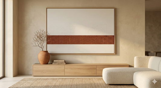 Sienna Strata No. 1: A large-scale textured impasto art print featuring deep charcoal and sun-baked sienna tones, printed on 308gsm Hahnemühle cotton paper and displayed in a natural oak frame.