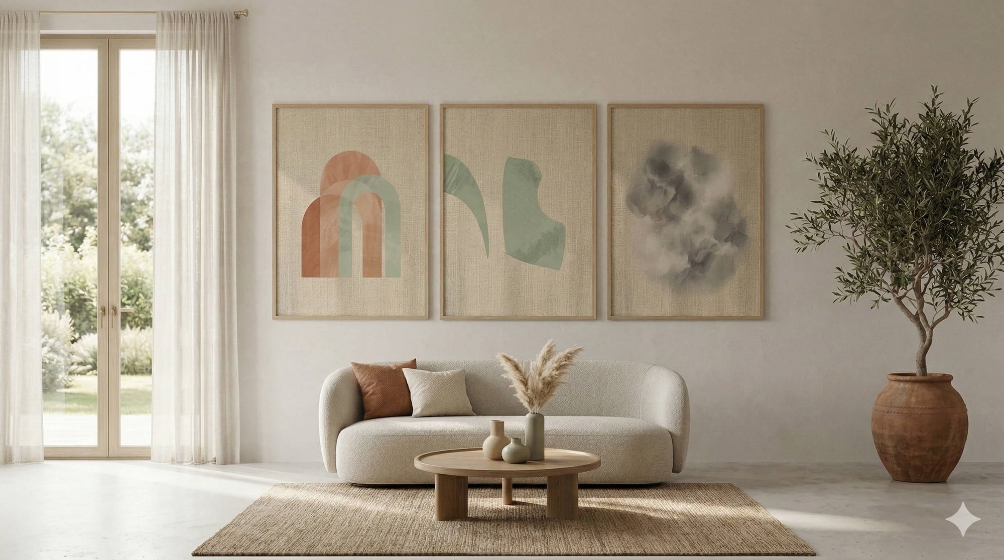 Triptych fine art print set displayed in a contemporary living room, Elegance Designs Studio