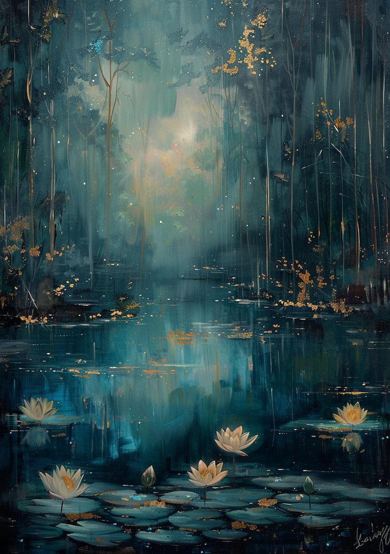 Tranquil Pond - A Serene Water Lily Dreamscape - Fantasy Art-print-art