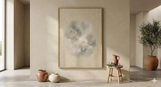 Vapor Abstract No. 1: A large-scale minimalist fine art print featuring ethereal smoke textures on 308gsm Hahnemühle cotton paper, framed in a natural oak gallery frame against a Mediterranean plastered wall.