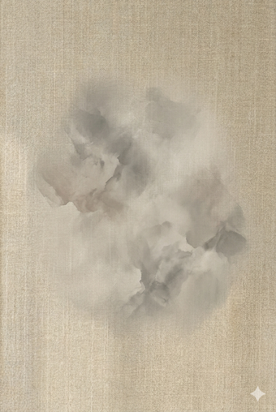 Vapor Abstract No. 1: A large-scale minimalist fine art print featuring ethereal smoke textures on 308gsm Hahnemühle cotton paper, framed in a natural oak gallery frame against a Mediterranean plastered wall.