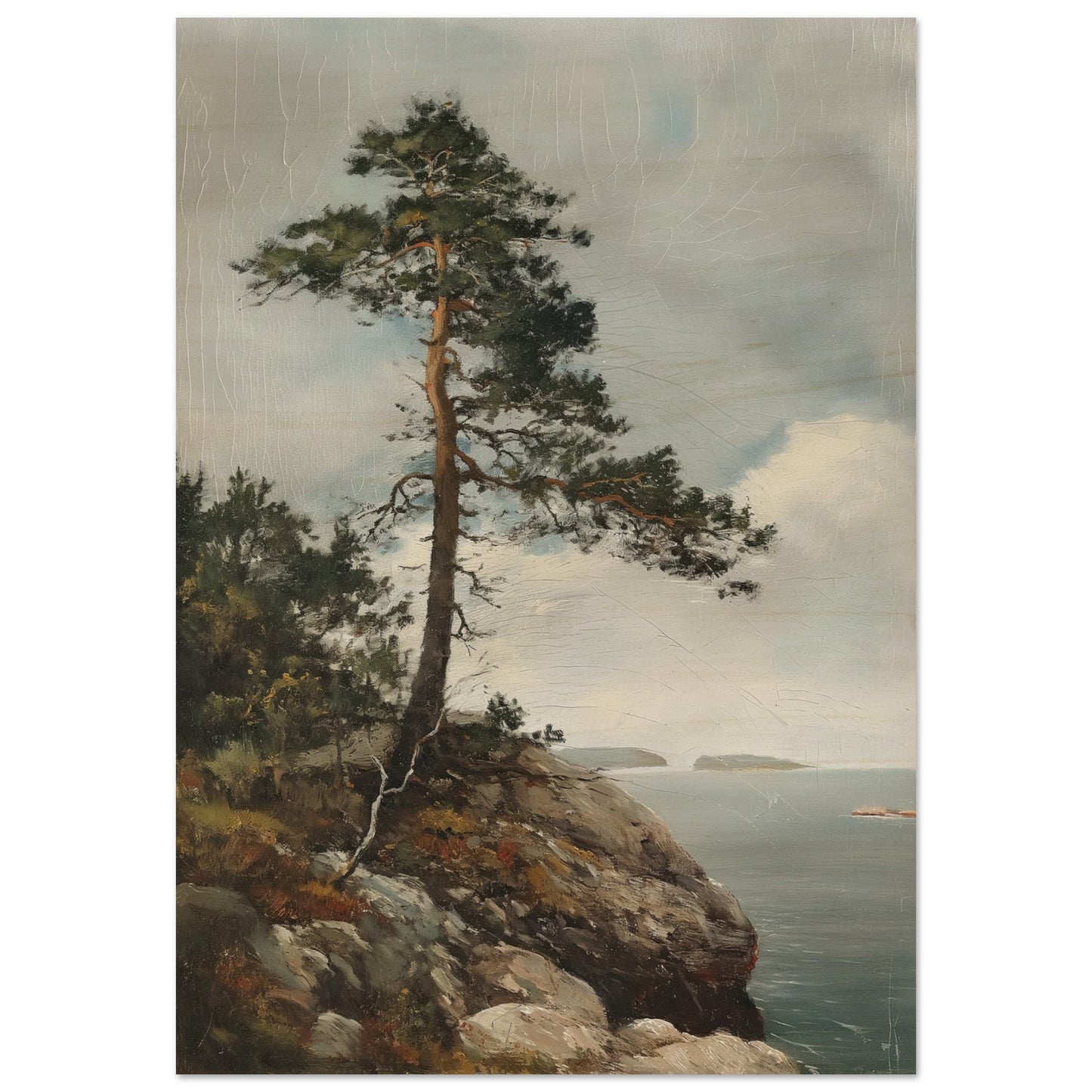 Majestic Solitude - Lone Pine Overlooking the Sea - Nature Art-print-on-wood