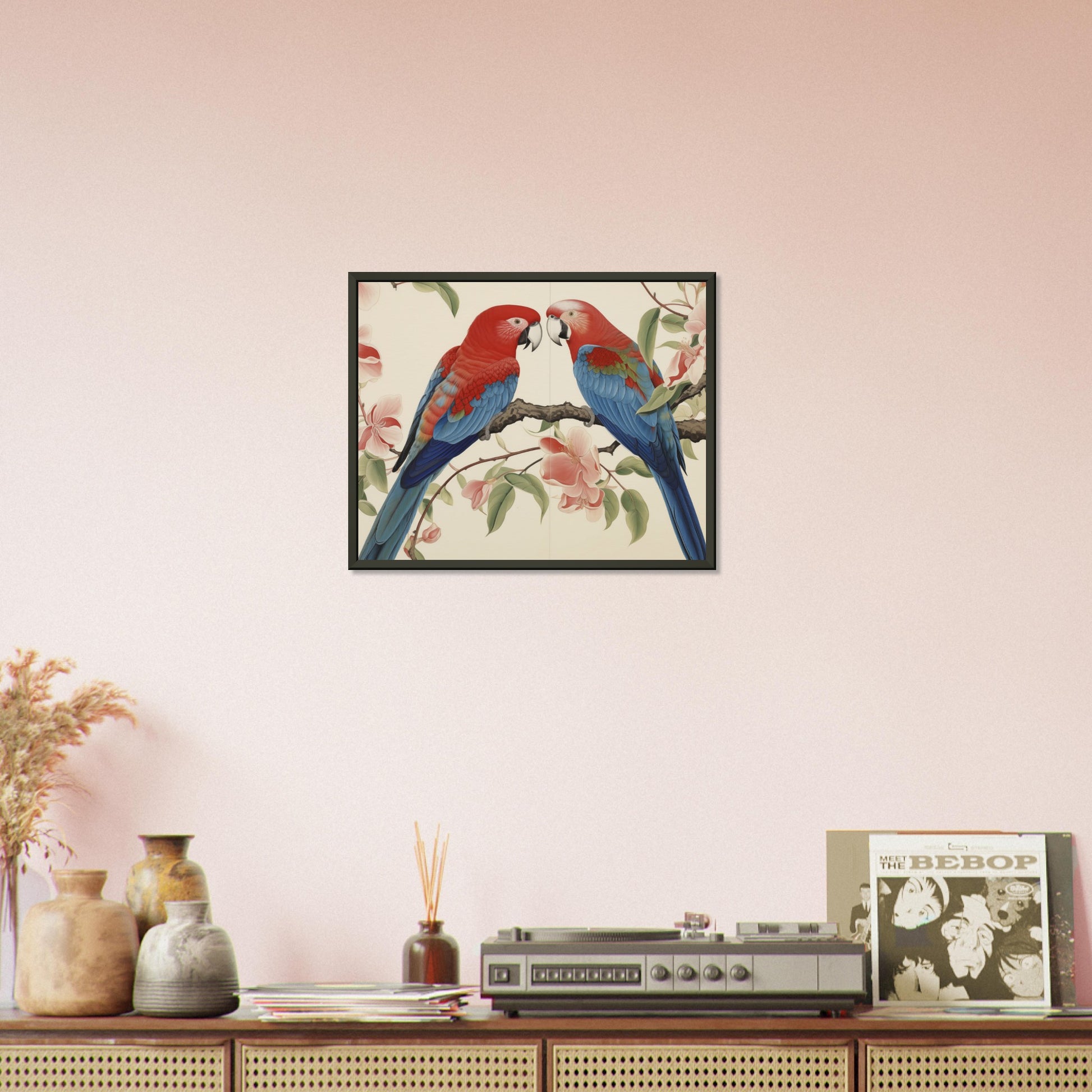 Tropical Duet - Bloom and Plumage - Nature Art-print-in-aluminum-frame