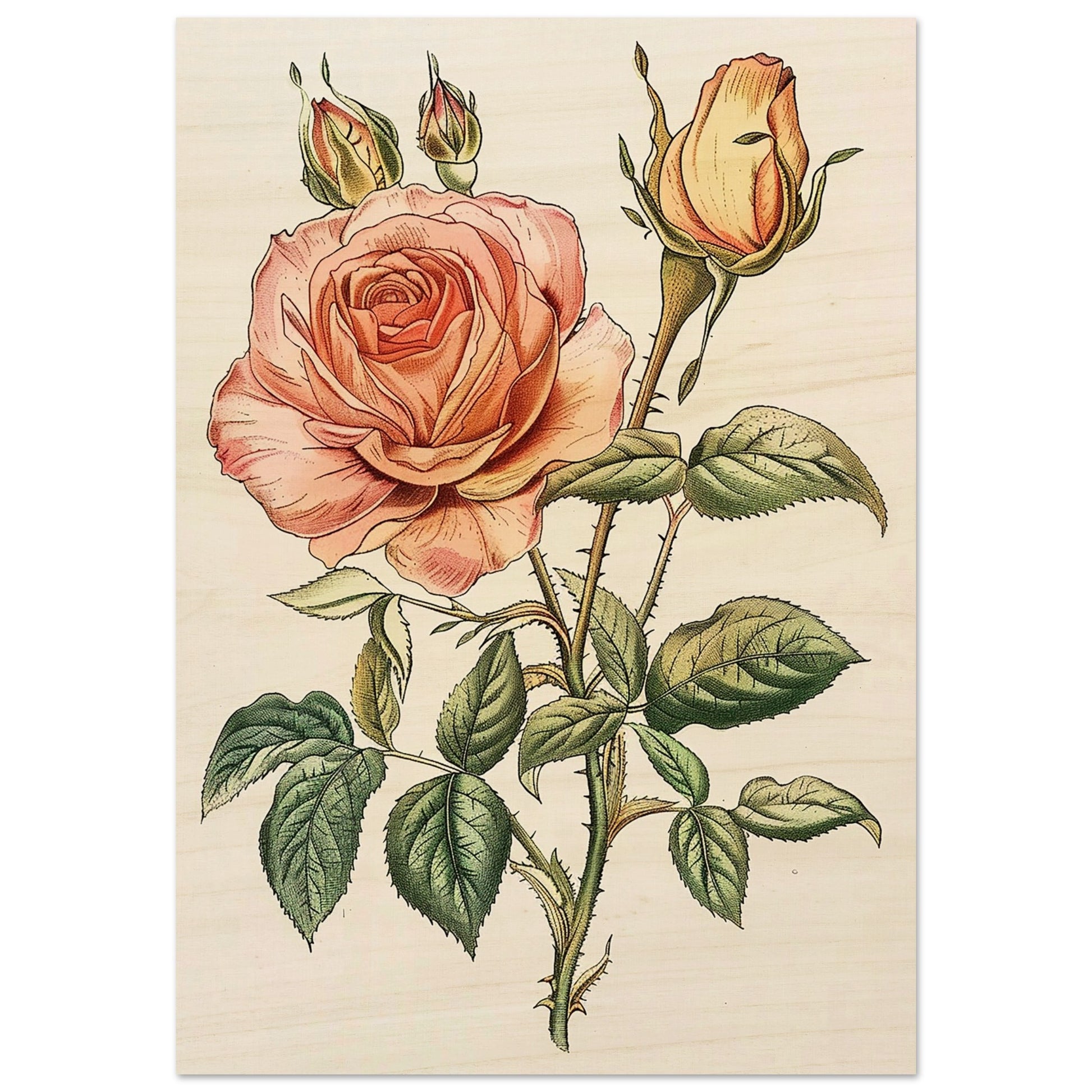 Vintage Blossom Elegance - Floral Art-print-on-wood