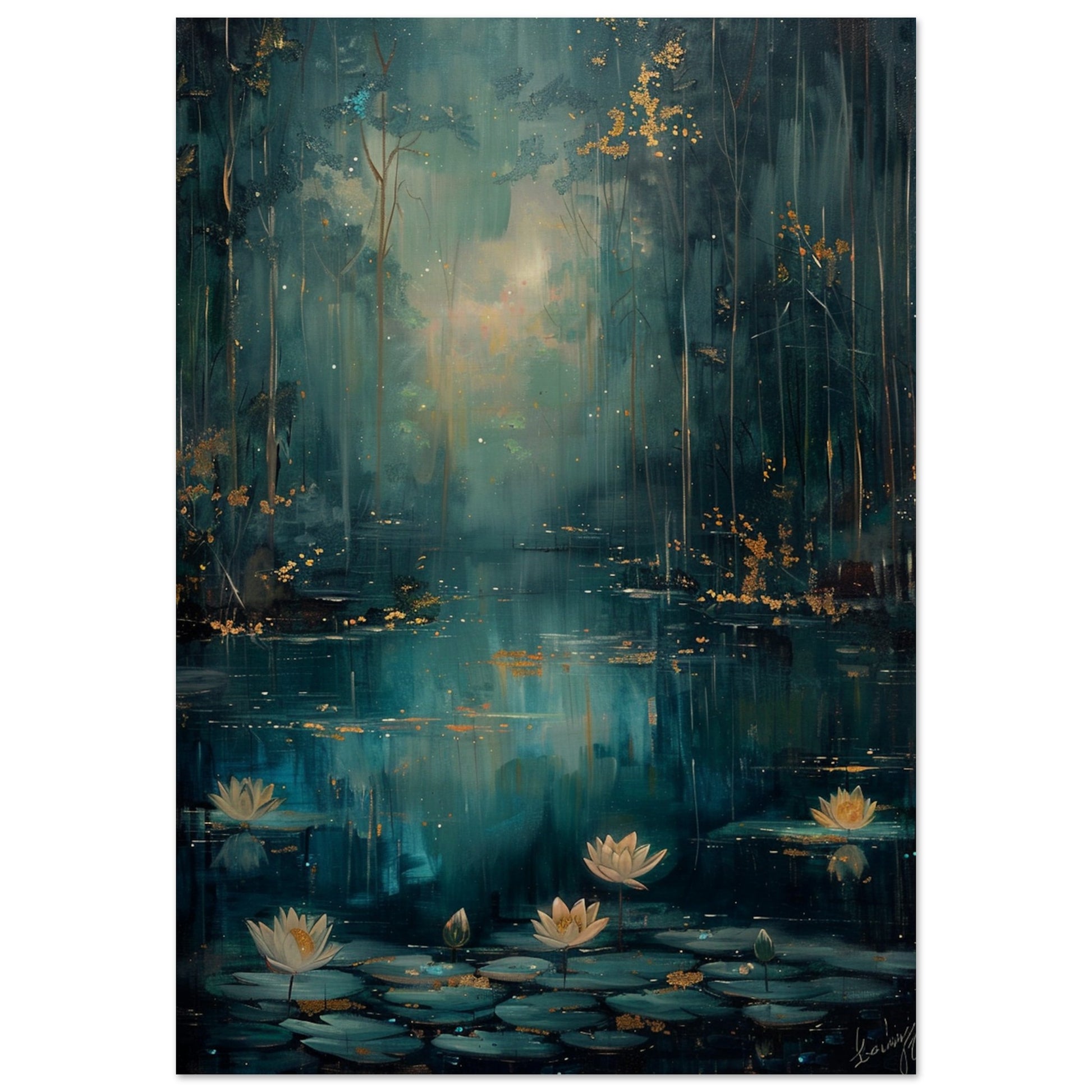 Tranquil Pond - A Serene Water Lily Dreamscape - Fantasy Art-print-on-wood