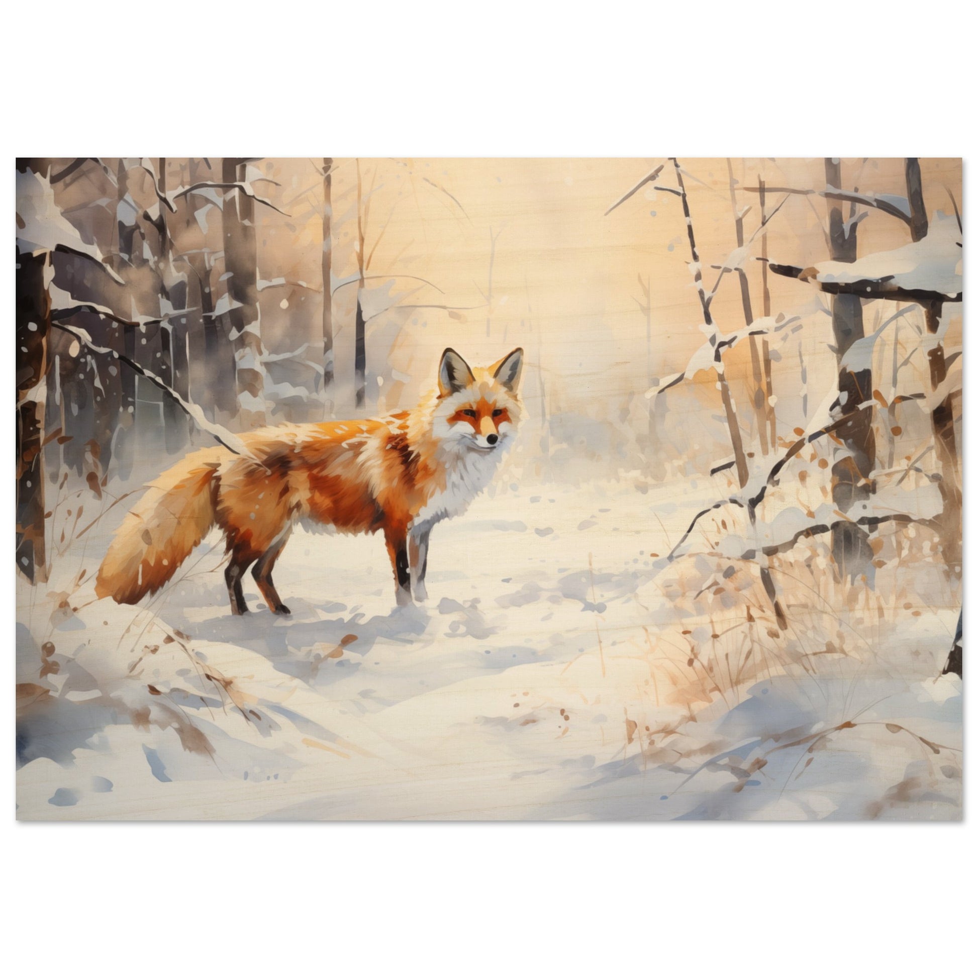 Crimson Sentry - Winter’s Vibrant Whisper - Nature Art-print-on-wood