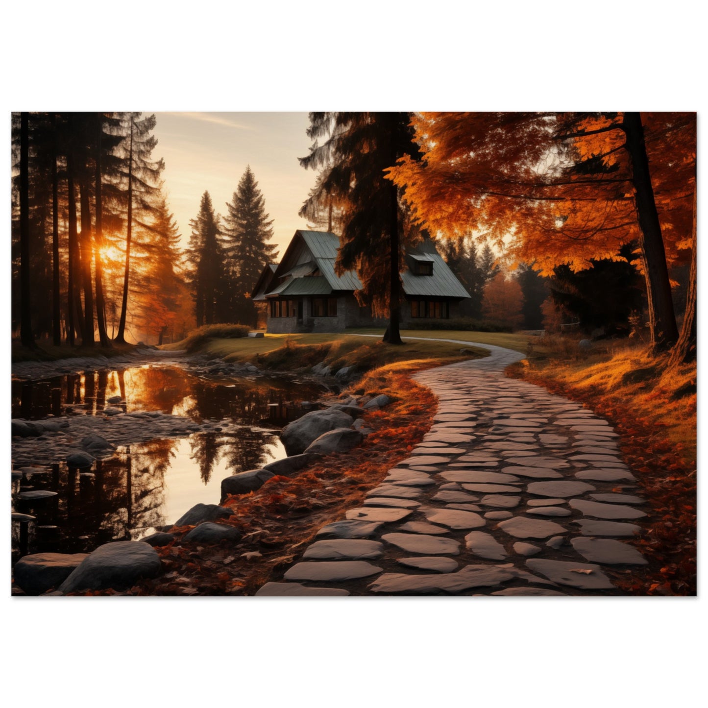 Cobbled Path to Serenity - Autumn’s Glow - Landscape Art-poster