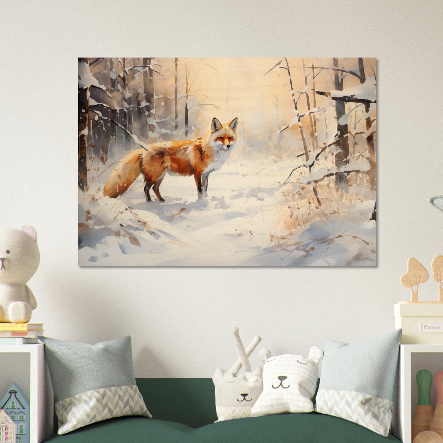 Crimson Sentry - Winter’s Vibrant Whisper - Nature Art-print-on-wood