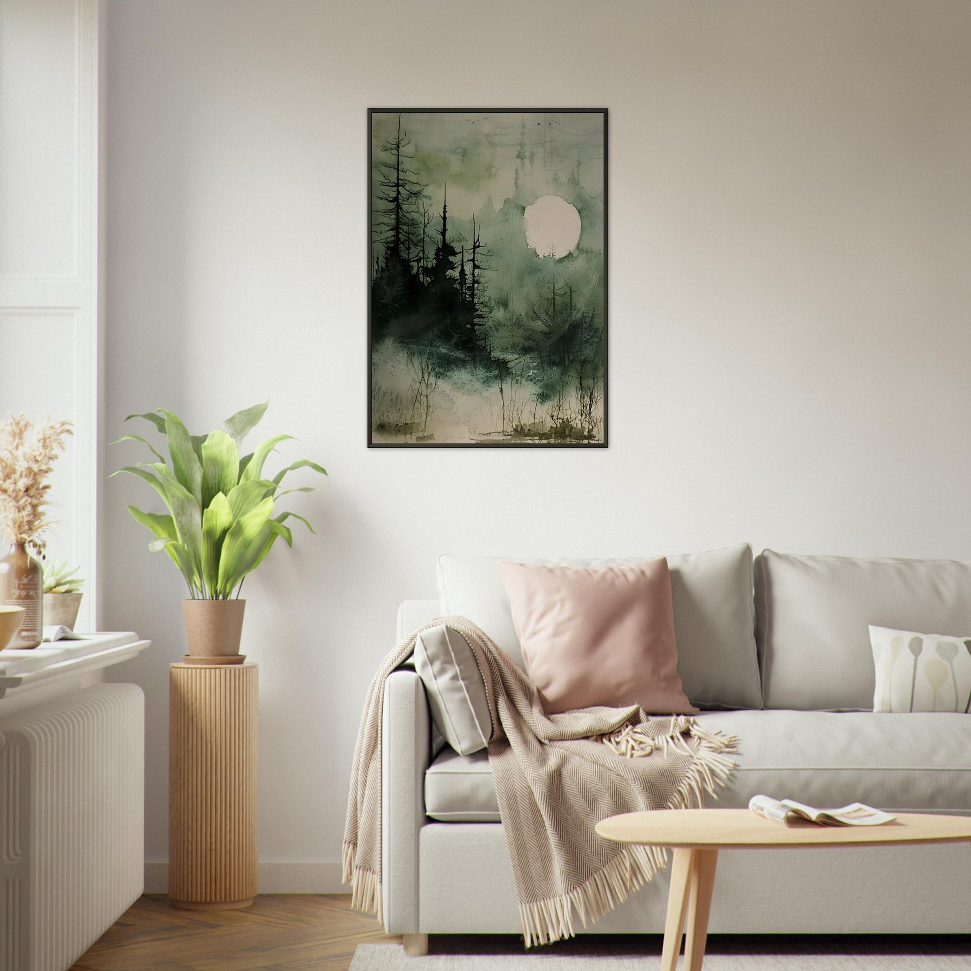 Moonlit Serenity - A Tranquil Watercolor Landscape Art-print-in-aluminum-frame