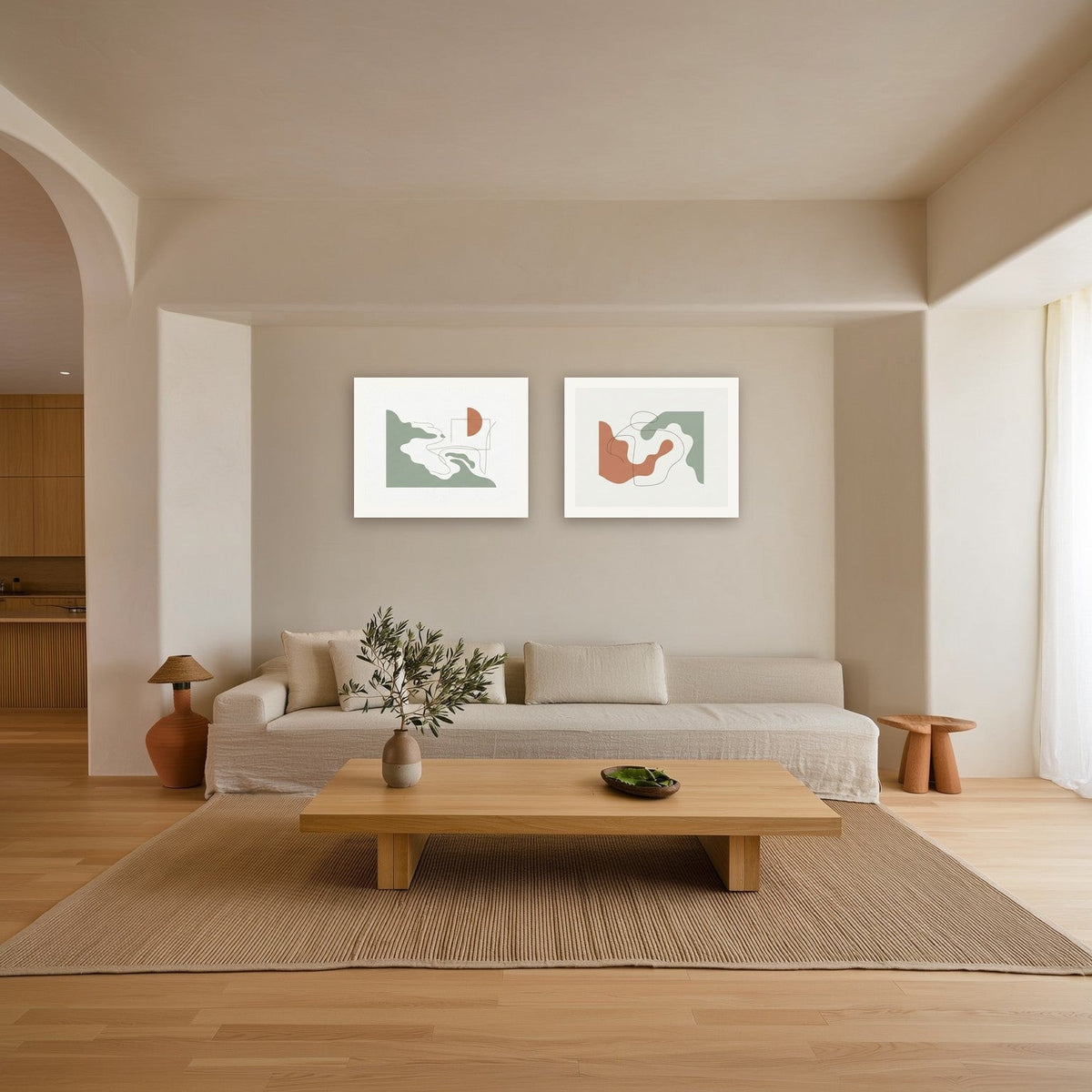 Coastal Silhouette Set of 2 — two Large prints above a linen sofa