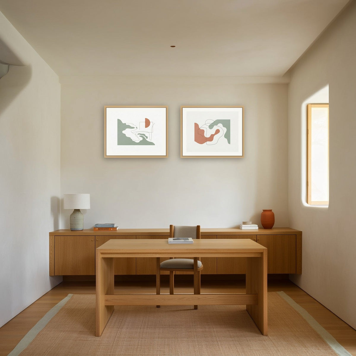 Coastal Silhouette Set of 2 — oak-framed pair above a sideboard