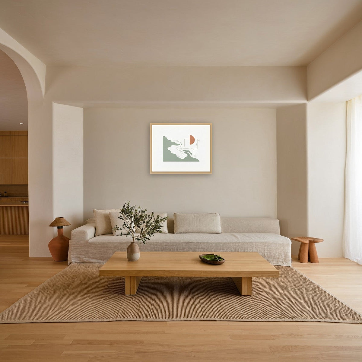 Coastal Silhouette No. 1 — Large print in a solid oak frame above a linen sofa