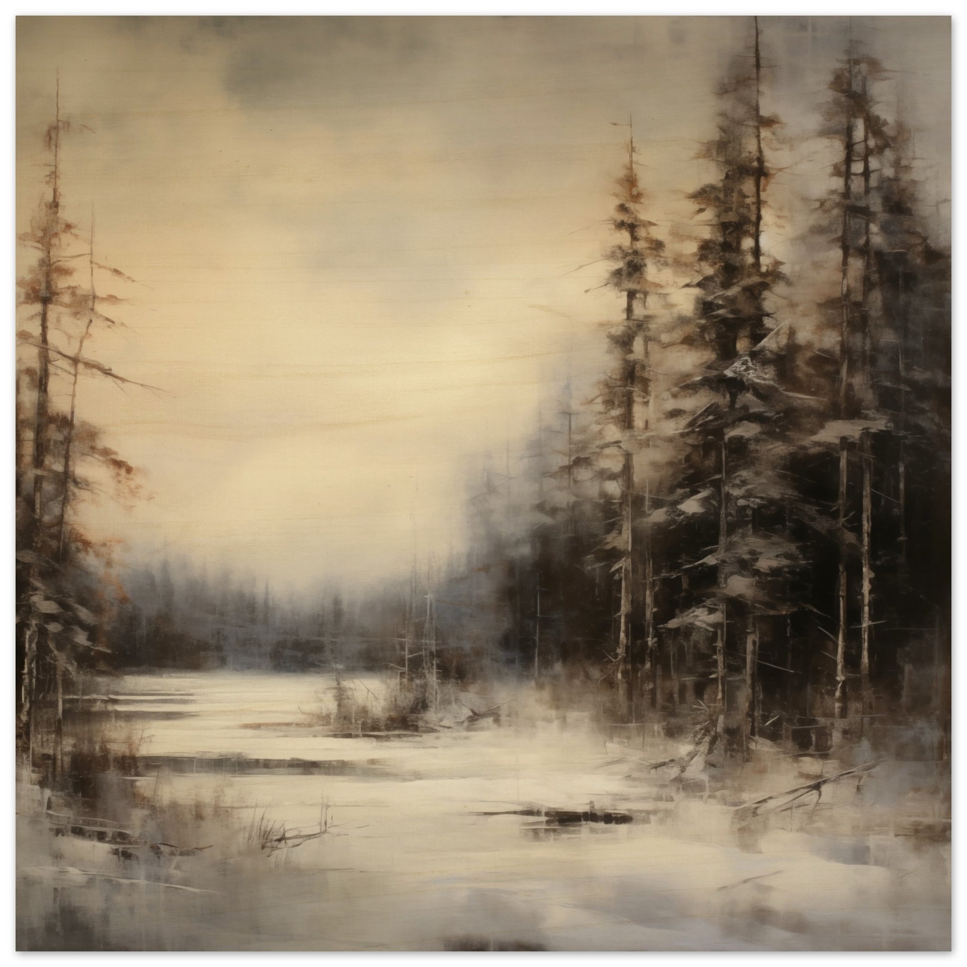 Frostbound Solitude - Serenity at Dusk - Landscape Art-print-on-wood