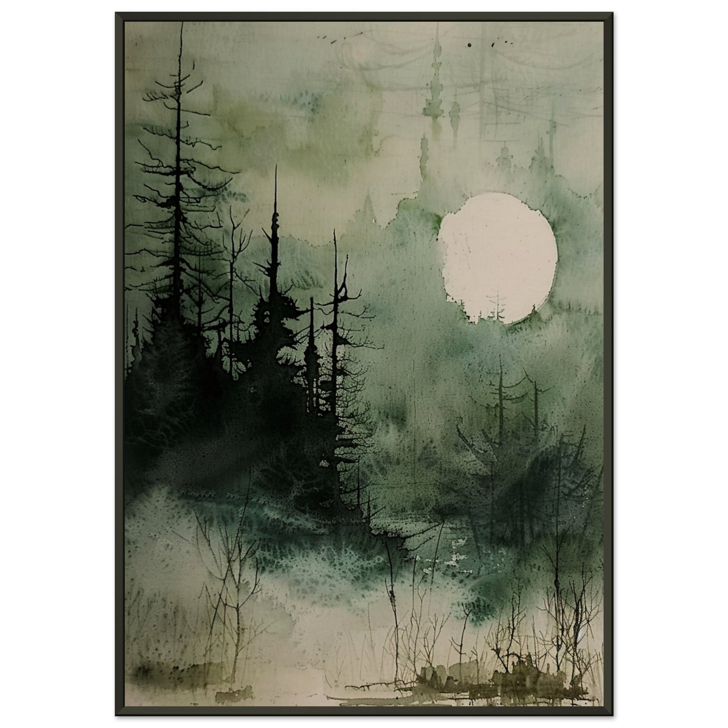 Moonlit Serenity - A Tranquil Watercolor Landscape Art-print-in-aluminum-frame