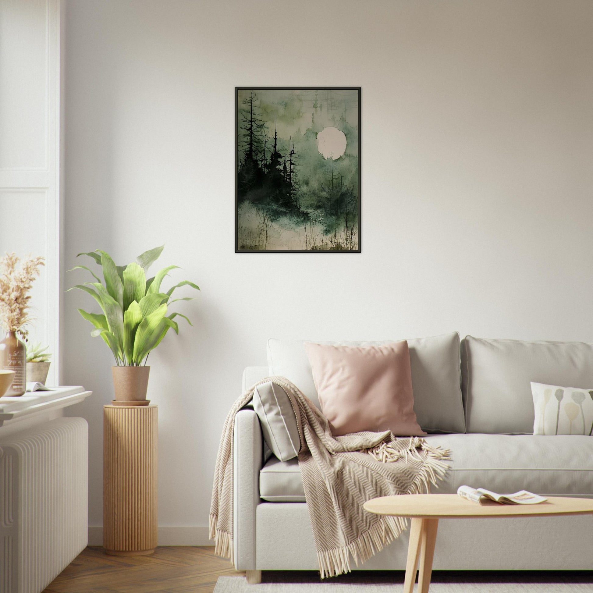 Moonlit Serenity - A Tranquil Watercolor Landscape Art-print-in-aluminum-frame