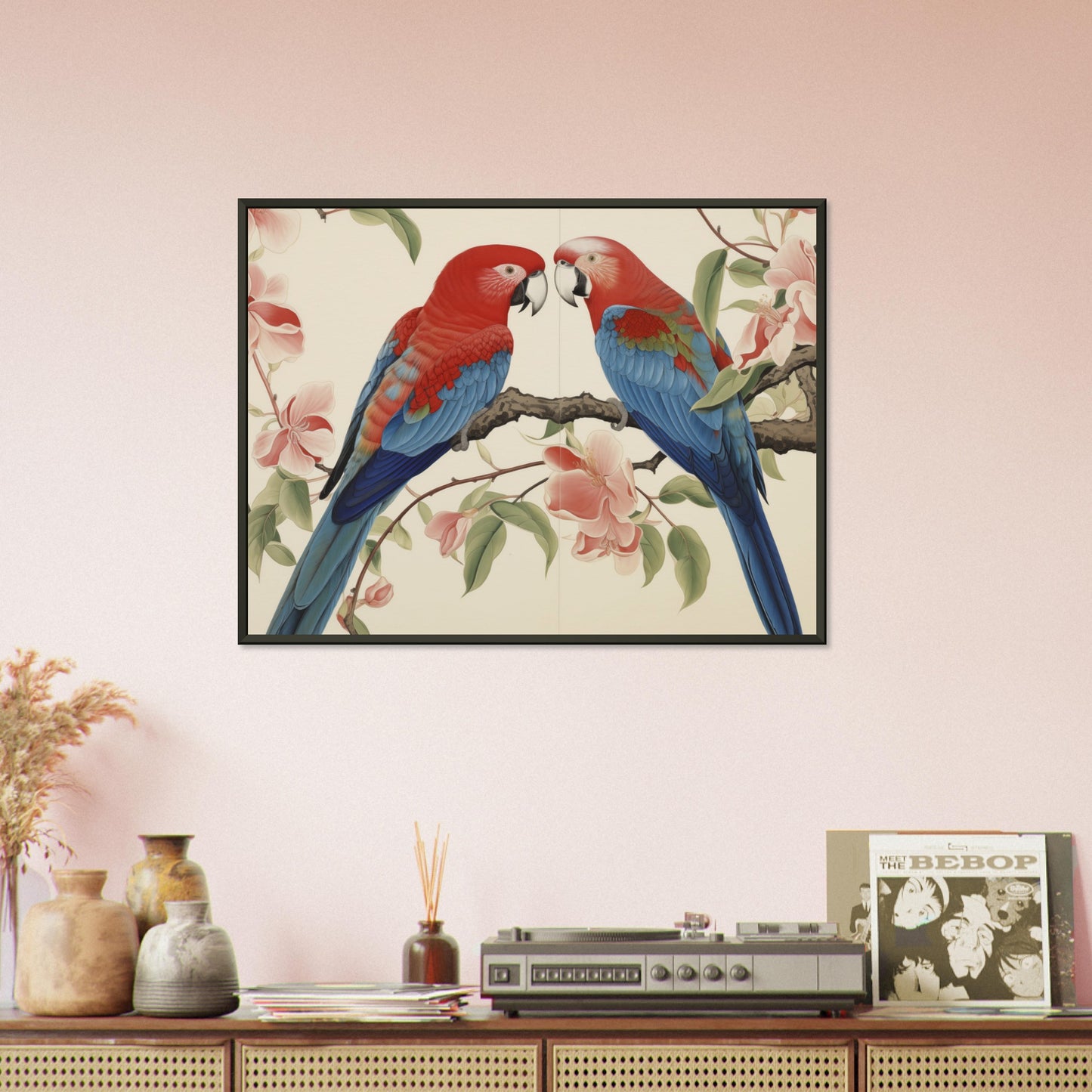 Tropical Duet - Bloom and Plumage - Nature Art-print-in-aluminum-frame